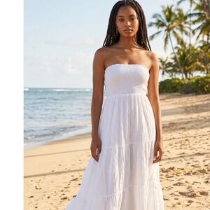 "Rip Curl" Women XL White Cotton Gauze Smocked Tiered  Maxi Dress Worn Once